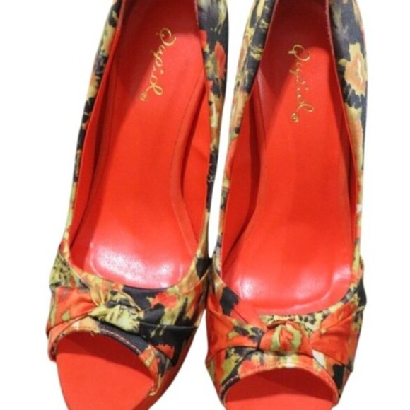 Qupid Penelope Orange Multi Suede Leather Peep Toe Platform Heels Stilettos - Picture 10 of 15